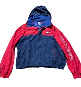Vintage Tommy Hilfiger Large Red Blue Sailing Sleeve Spell Out Jacket W/ Hood - Picture 1 of 16