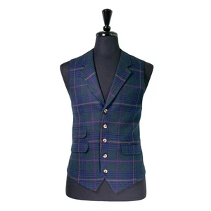 Mens Plaid Vest 44R Blue Green Purple Wool Waistcoat Formal Wedding Party Groom - Picture 1 of 10