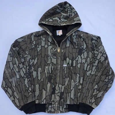 VTG 80s Carhartt Trebark Camo Zip Hooded Thermal Jacket XL Distressed Hunter USA - Image 1 of 4