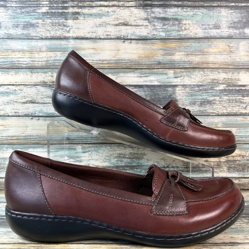 Mocassini Clarks donna 11M pelle marrone nappa comodi scarpe eleganti ammortizzate
