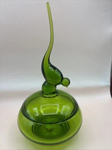 Vintage MCM Viking Glass Avocado Green Bird Candy Dish 11.75” Stunning - Picture 1 of 11