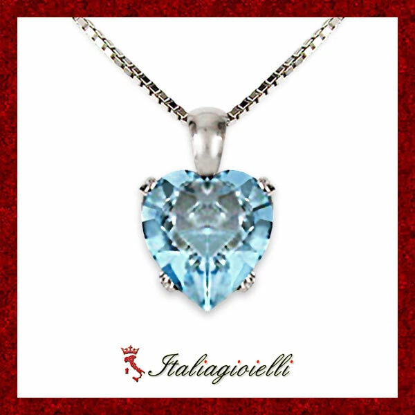 Collana Cuore Brillante con Acquamarina in Argento 925 Rodiato Oro Bianco - Immagine 1 di 4