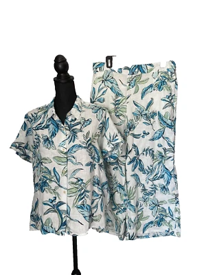 Tahari Linen Womens Pant Suit Wide Leg Cropped XL Shirt L Tropical Resort - Image 1 of 4