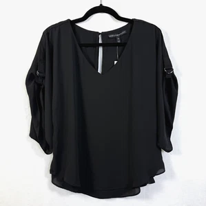 Camicetta WHBM donna taglia XS nera trasparente scollo a V anello a D kimono manica foderata top nuova con etichette - Foto 1 di 10