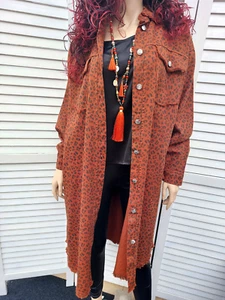 Lässiger Jeansmantel ultra lang mit Leo Druck  onesize bis 42 cognac - Bild 1 von 6