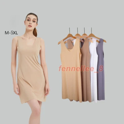 Женщин льда шелк бесследная ночная рубашка средней длины скольжения платье без рукавов Chemise 5XL - Изображение 1 из 4