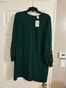 HM Dress Size 8 Embroidered Sleeves New Years Eve Midi Tunic Green Elegant - Picture 1 of 7