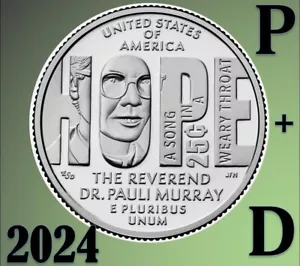 2024 P & D American Women Quarters -Reverend Dr. Pauli Murray - 2 coins Set UNC - Picture 1 of 4