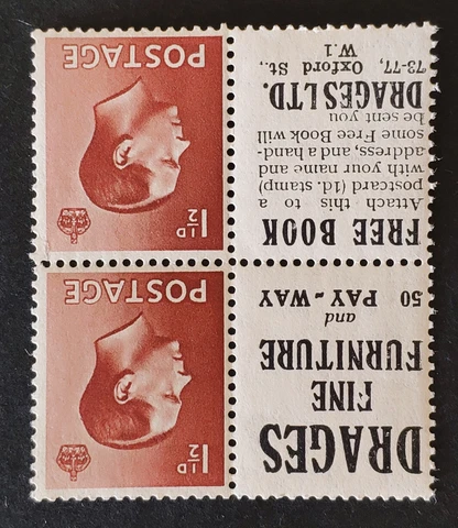 GB. KE8th 1936. 1 1/2d Booklet pane fo 2 with INVERTED WMK and advert. MUH Cover
