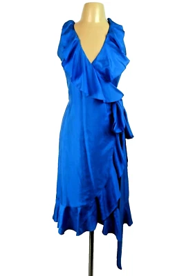 Ralph Lauren Silk Tea-Length Wrap Evening Dress LRL Bright Blue 100% sz 6 - Image 1 of 4