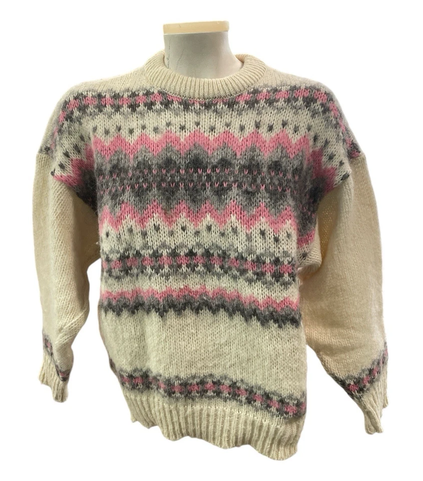 Suéter Vintage Tejido Esquimal 100% Lana Rosa Gris Marfil Fair Isle XL Inglaterra Foto 1 de 3