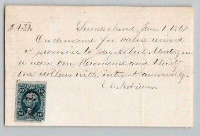 R32a revenue stamp on1867 hand written draft, Sunderland Mass - Image 1 of 4