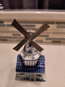 Blue Hand Painted Windmill Coin Bank Blue White Porcelain 6" - Picture 1 of 6