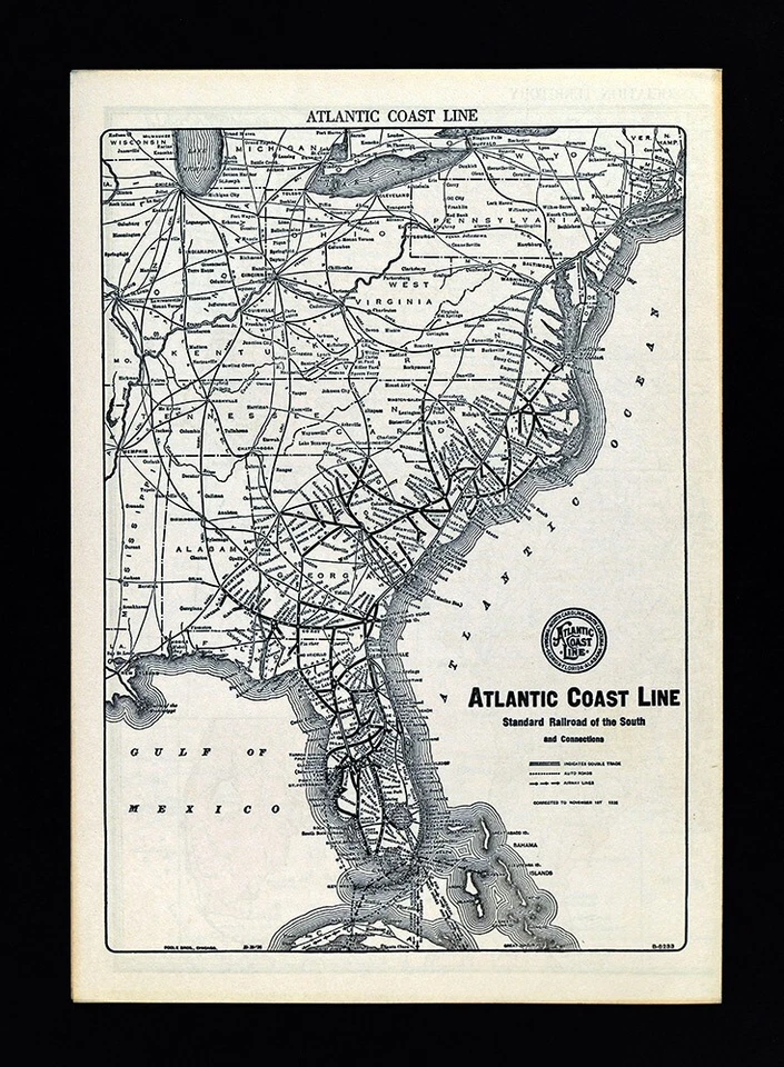Mapa ferroviario Poole Bros 1936 Atlantic Coast Line Virginia Florida GA NC SC RR Foto 1 de 3