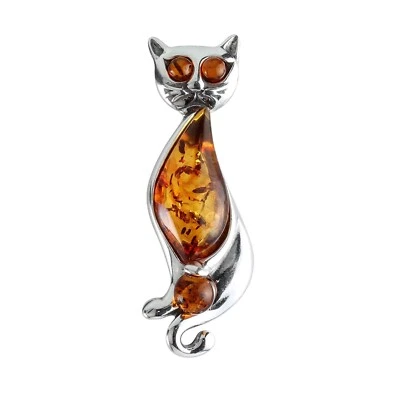 HONEY BALTIC AMBER STERLING SILVER CAT ON A BALL BROOCH NEW IN BOX - Image 1 of 3