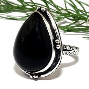 Black Onyx Smooth Pear Natural Gemstone Handmade Silver Ring Gift Jewelry - Picture 1 of 4