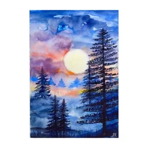 ORIGINAL WATERCOLOR Art Full moon landscape Painting Night Forest Art Galaxy Art - Picture 1 of 12