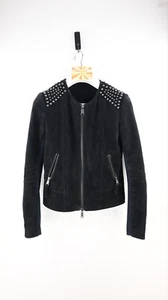 Husk 100% suede leather jacket in black with gunmetal stud detail size 1/UK8 - Foto 1 di 12