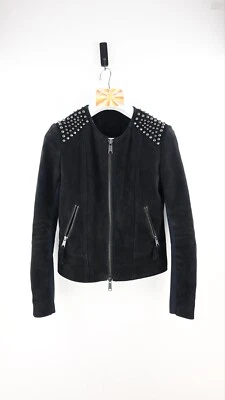 Husk 100% suede leather jacket in black with gunmetal stud detail size 1/UK8 - Image 1 of 4