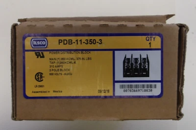 ILSCO P/N:PDB-11-350-3 POWER DISTRIBUTION BLOCK 310A 3 POLE 600V 2 CONDUCTORS - Image 1 of 4