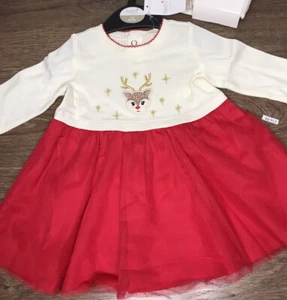 M&Co Girl Christmas Dress Red Tutu Embroidered Reindeer / Cream Tights 3-6 M - Picture 1 of 6