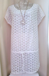EYELET TUNIC IVORY KAFTAN CUTWORK SIZE L BRODERIE BEACH COVER UP LONG TOP - Picture 1 of 14