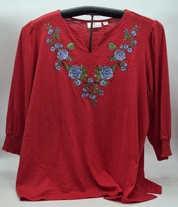 Quacker Factory Red Floral Shirt Size 1x Smocked Cuff V Neck 3/4 Sleeve  - Picture 1 of 10