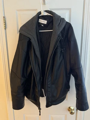 Calvin Klein Mens Faux Leather Black Motorcycle Jacket W Removable Hoodie, XL - Image 1 of 4