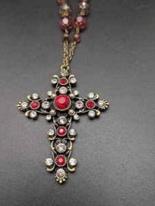 Vintage 30" Chain Necklace with Cross Pendant Red and Clear Rhinestones - Picture 1 of 5