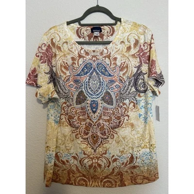 Basic Editions XXL Top Brown Beige Paisley Print Scoop Neck Casual - Image 1 of 4