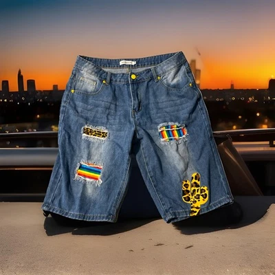 Misslook Rainbow Patch Bermuda Denim Shorts Blue Trendy Waist Flat 15” - Image 1 of 4