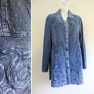 Western Grunge Shirt Womens M Parsley & Sage Blue Denim Cotton Button Applique - Picture 1 of 8