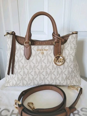 MICHAEL KORS AUSTEN SIGNATURE VANILLA LEATHER SMALL SATCHEL TOTE SHOULDER BAG - Image 1 of 4