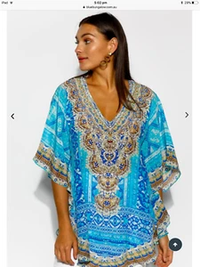 FASHION SPECTRUM Mykonos Blue heavily embellished silk butterfly kaftan top S/M - Picture 1 of 10