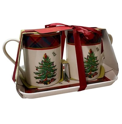 Juego de tazas Spode árbol de Navidad con bandeja de melamina tartán a cuadros nuevo con etiquetas regalo tazas de cerámica Foto 1 de 4