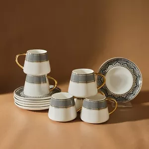 SET OF 6 Porcelain Turkish Greek Arabic Coffee Espresso Cup Saucer - 80ml 2.8oz - Picture 1 of 4