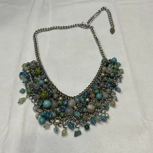 Coldwater Creek Turquoise Glass Stone Bead Collage Bib Necklace Silver Tone - Picture 1 of 6
