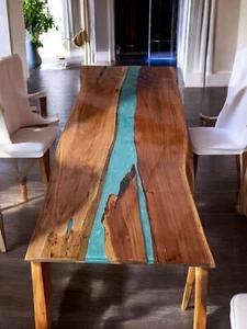 Tavolo da pranzo in resina epossidica blu bordo vivo piano bar arredo casale - Foto 1 di 9