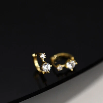 Dainty Cubic Zirconia 18K Gold Plated 925 Silver Small Huggie Hoop Earrings - Image 1 of 4