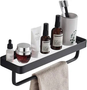 15.7 Inch Bathroom Tempered Glass Shelf with Towel Bar,Wall Mounted Aluminum Sho - Picture 1 of 9