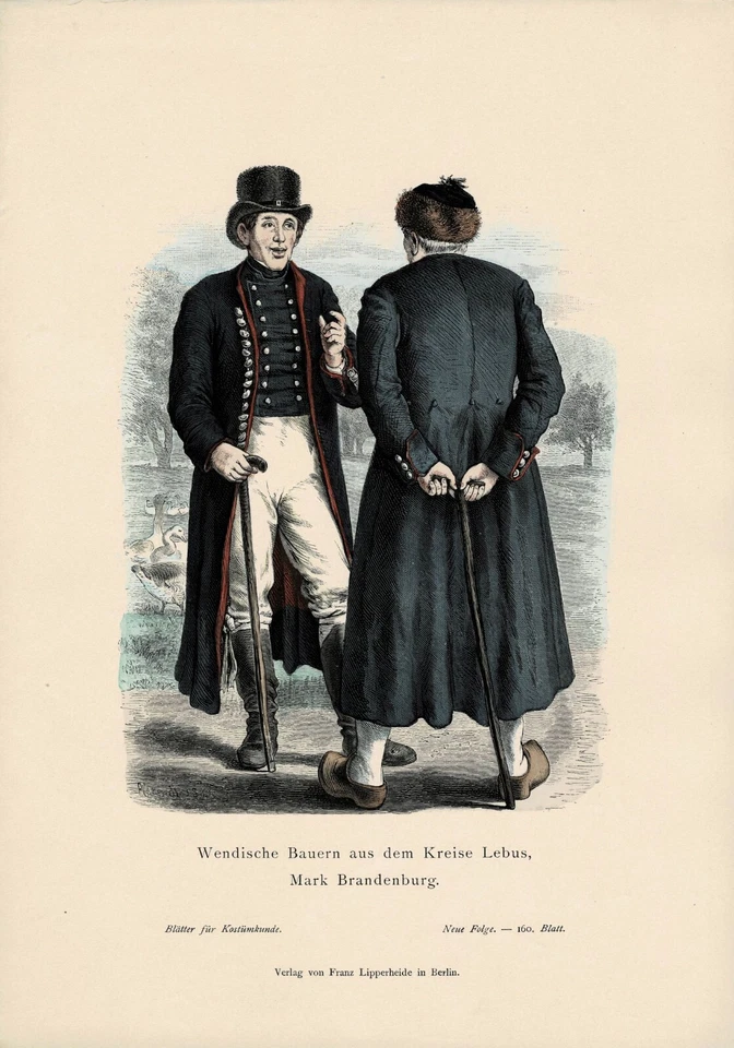 KOSTÜMKUNDE: Farbtafel Tracht Bauern / Sorben Mark Brandenburg / Lebus, um 1885 - Bild 1 von 1