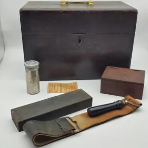 Antique Wooden Barber's Lock Box w Strop, Tools, Business Cards Late 1800s... - Picture 1 of 24