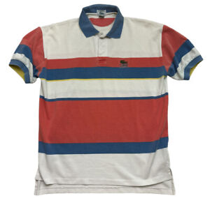 Vtg Izod Lacoste Sz L Polo Shirt Multicolor Coral/Blue/Yellow Stripe