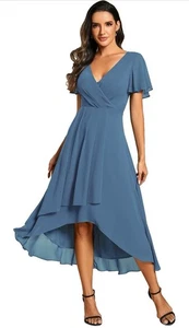 Ever-Pretty Women's Chiffon V-Neck Wedding Guest Dress Ruffled Sleeve Blue UK 8 - Picture 1 of 8