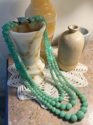 Antike Halskette 3-reihig Fallperlen Pekingglas grün Tschechien 1940-1950 - Bild 1 von 4