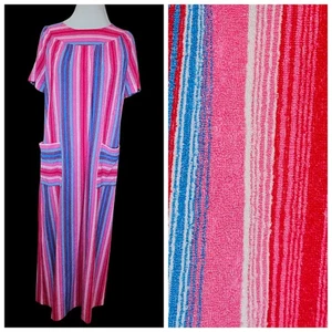 VTG 70s Thin Terry Kaftan House Dress Mumu Striped Rainbow Pink Blue Sz Medium - Picture 1 of 10