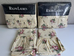 VTG Ralph Lauren Sophie Floral Rose Stripe Fitted Flat Sheet Queen Set NEW - Picture 1 of 3
