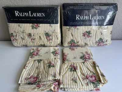 VTG Ralph Lauren Sophie Floral Rose Stripe Fitted Flat Sheet Queen Set NEW - Изображение 1 из 3