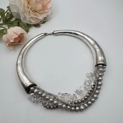 Vtg  Israel Sterling Silver Electroform Rock Crystal Culture Pearl Necklace 16" - Image 1 of 4