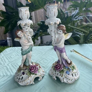 VINTAGE SCHIERHOLZ HANDMALEREI GERMANY PORZELLAN PUTTEN PAAR KERZENLEUCHTER - Bild 1 von 16